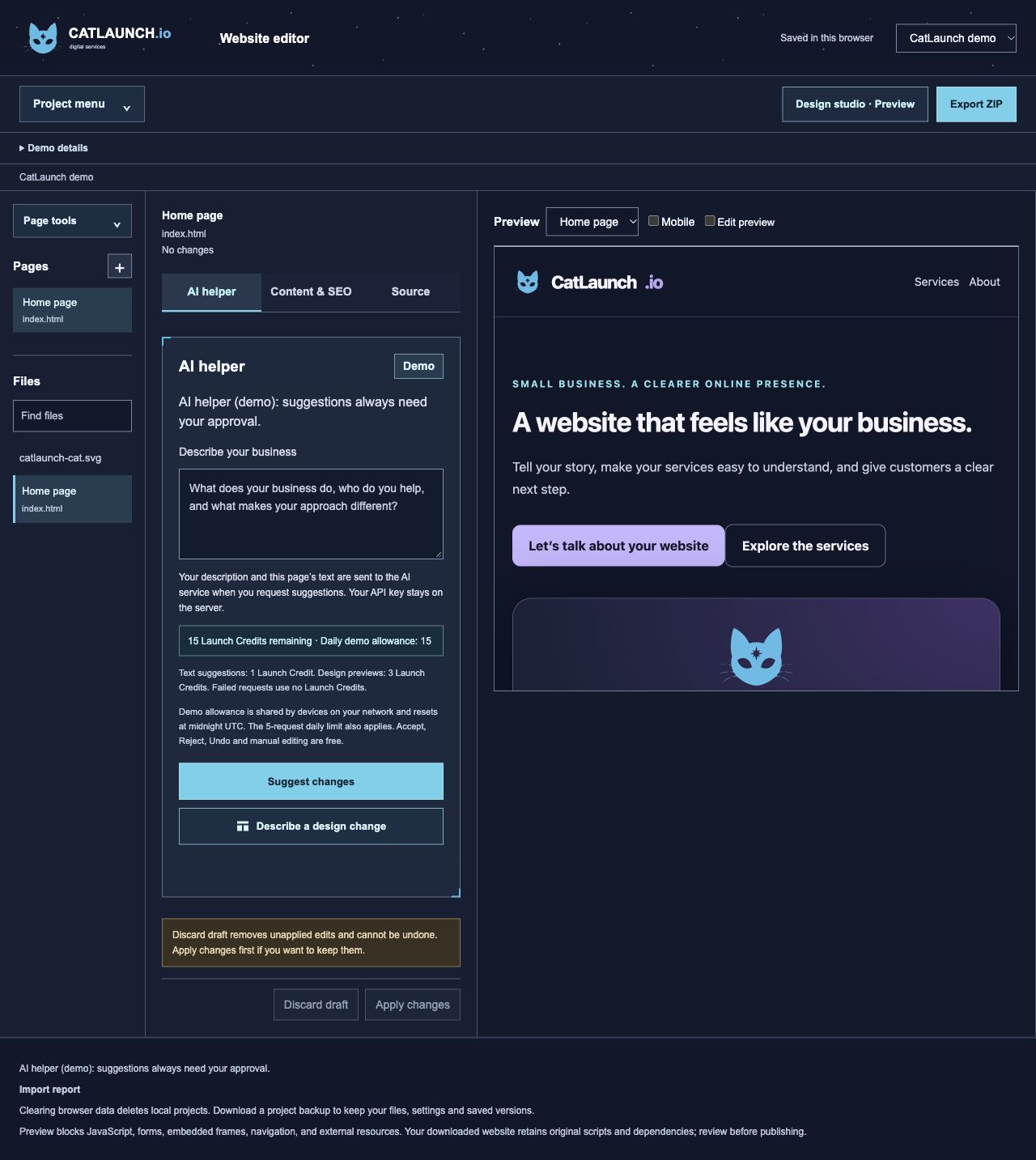 CatLaunch website editor preview